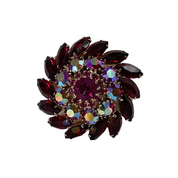 1960s Delizza & Elster Red AB Rhinestones Circular Domed Julianna Brooch Pin - Picture 2 of 4